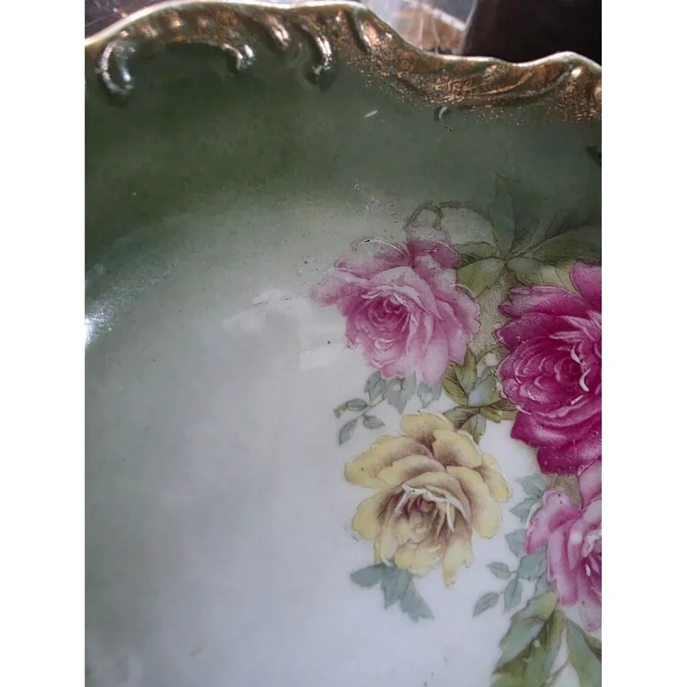 Shabby Chic Roses Pink Gold Gilt Ornate Scalloped Embossed Green Bowl Catch All